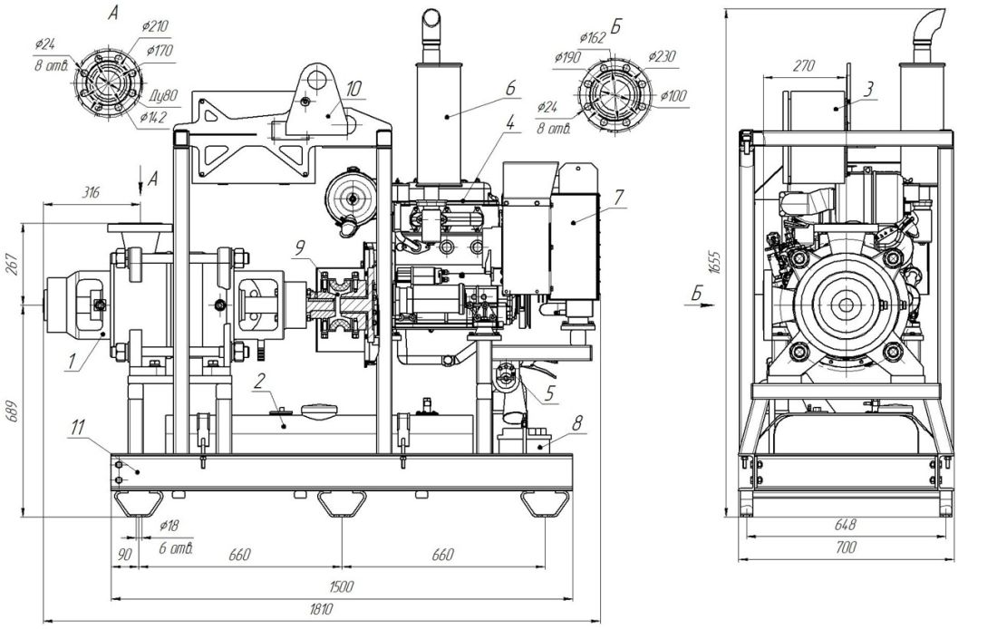 Габаритно-присоединительный чертеж агрегата ДНА 60/50.ЦНС.385.17/2350