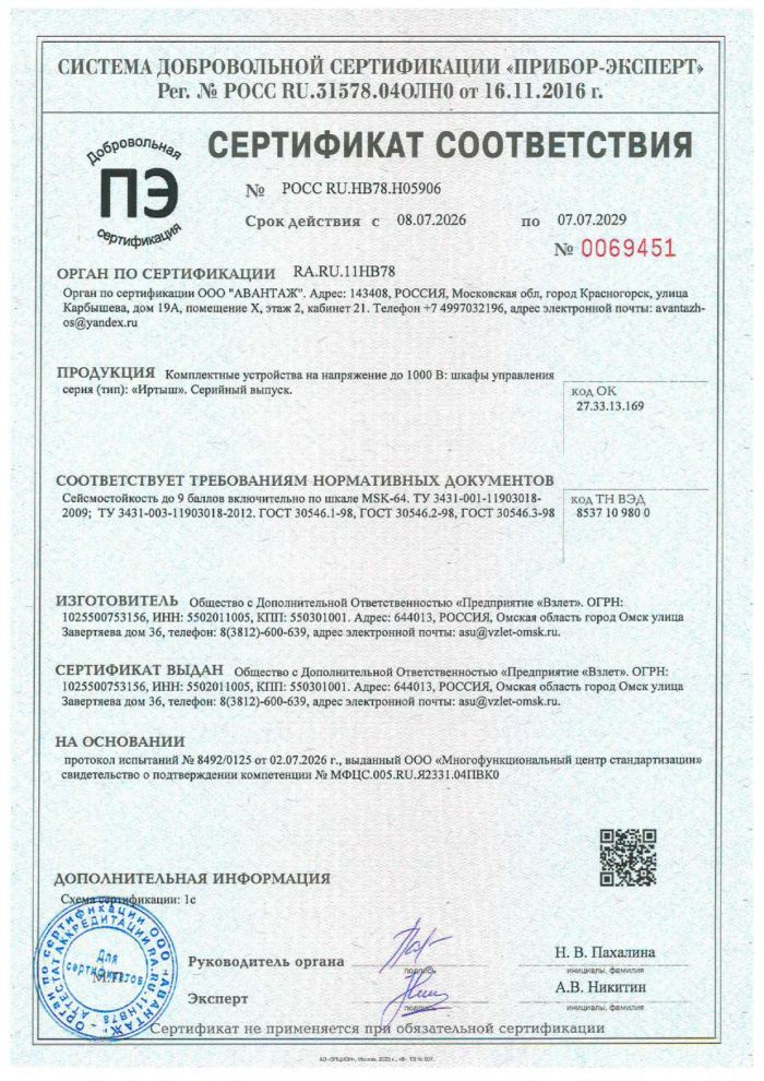 Сертификат на сейсмостойкость шкафов управления
