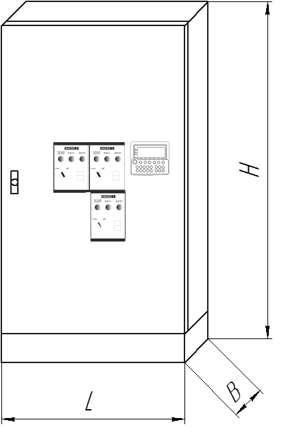 Общий вид шкафа управления и габаритные размеры