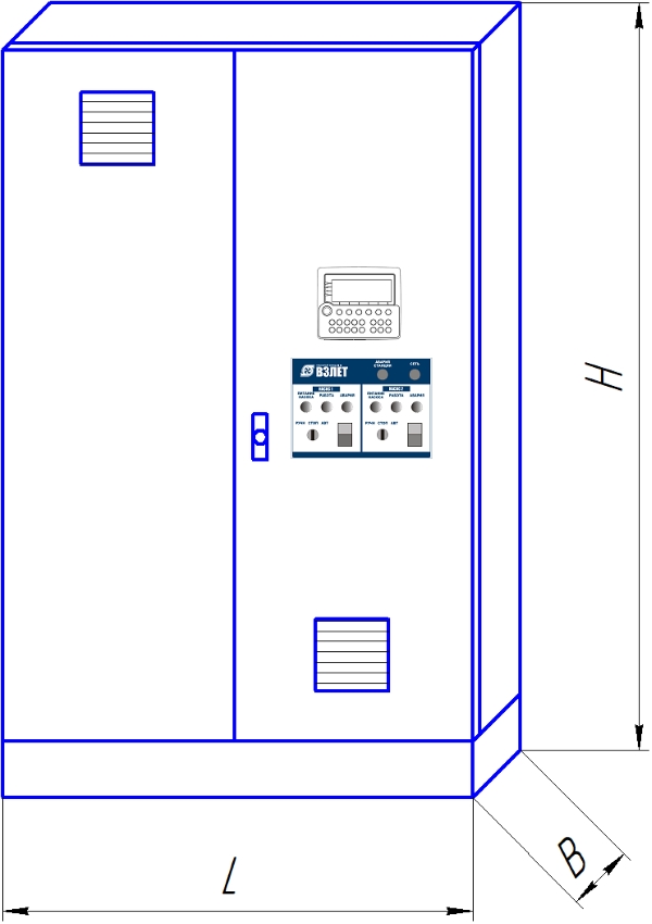 Общий вид шкафа управления и габаритные размеры