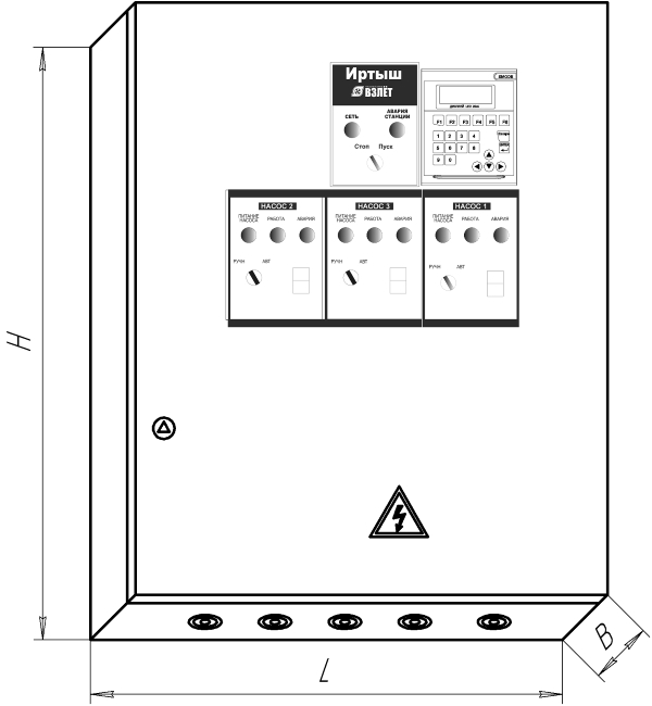Общий вид шкафа управления и габаритные размеры