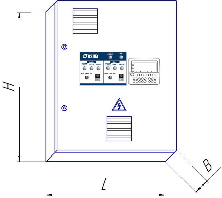 Общий вид шкафа управления и габаритные размеры
