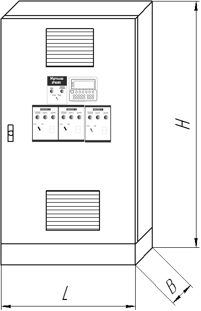 Общий вид шкафа управления и габаритные размеры