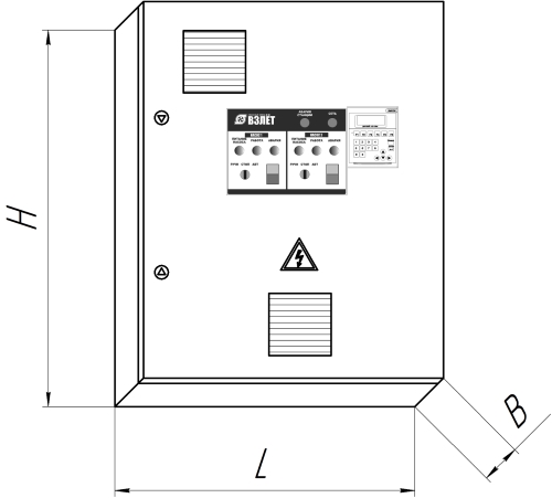 Общий вид шкафа управления и габаритные размеры