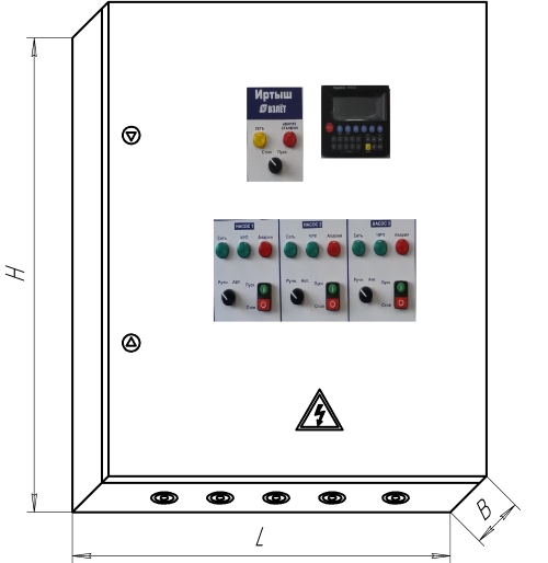 Общий вид шкафа управления и габаритные размеры