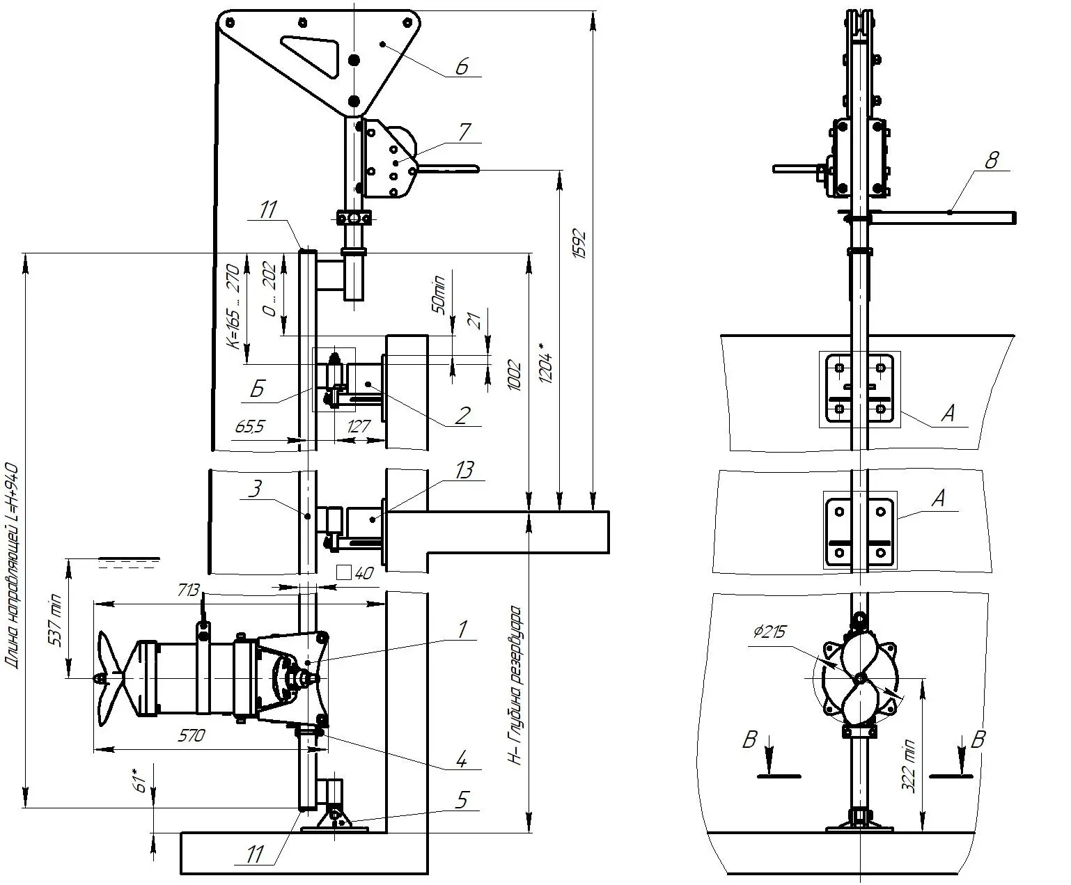 Общий вид и габариты мешалки серии Иртыш ПМ2 215-0,75/8-116