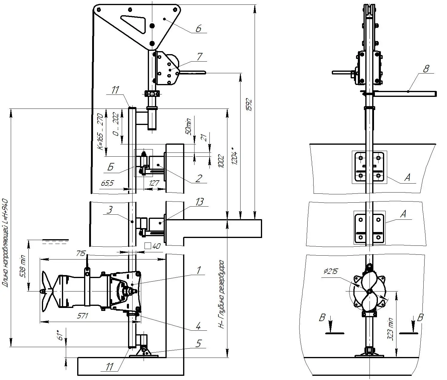 Общий вид и габариты мешалки серии Иртыш ПМ2 215-2,2/4-116