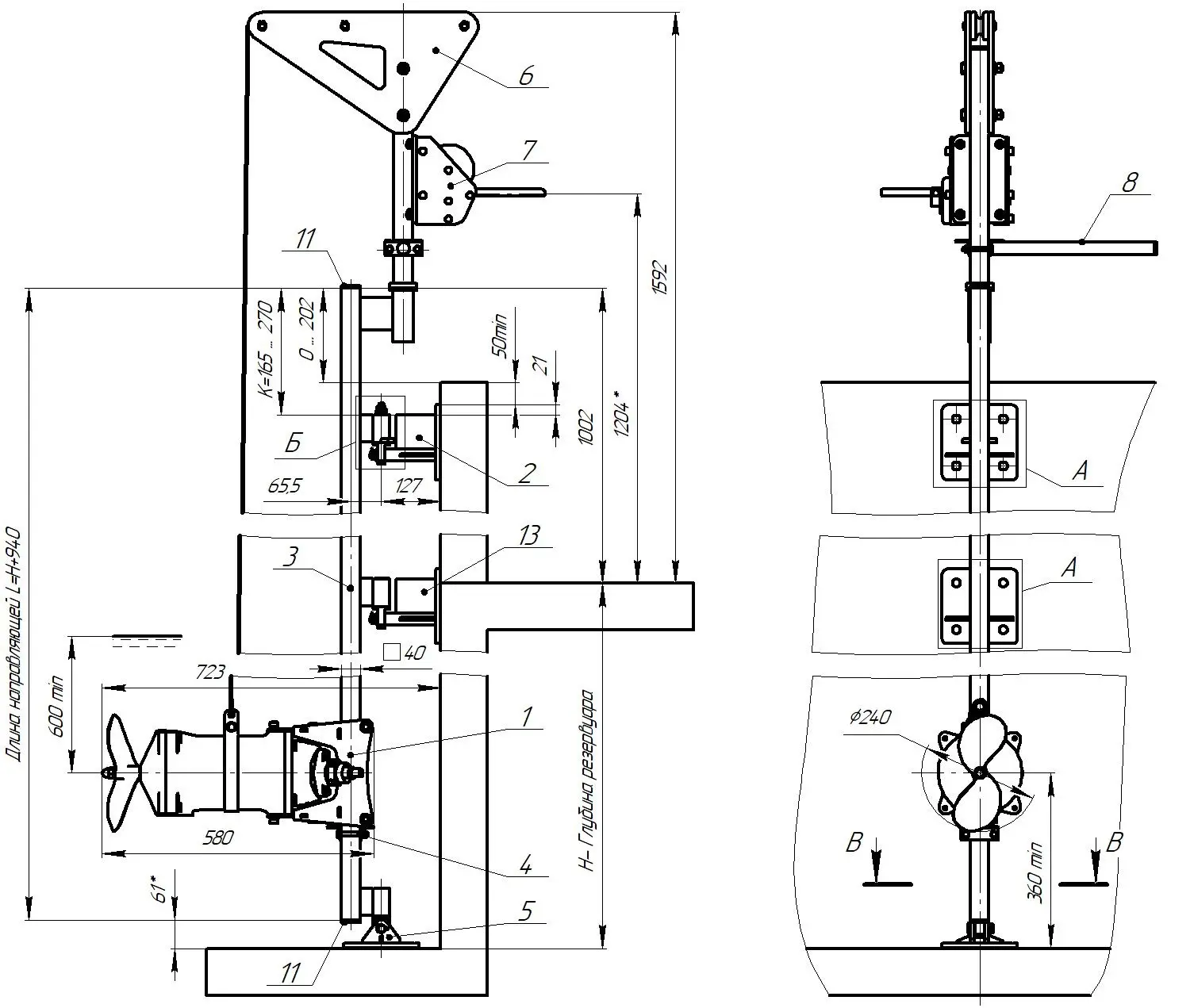 Общий вид и габариты мешалки серии Иртыш ПМ2 240-1,1/6-116