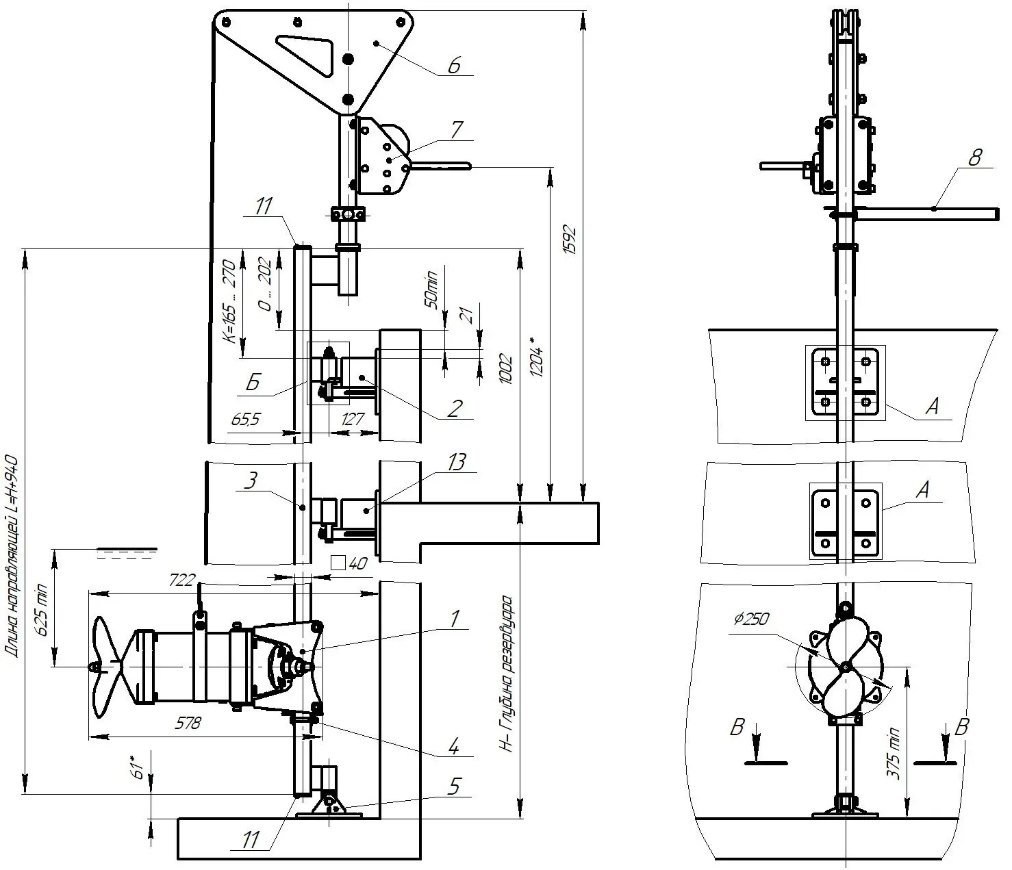 Общий вид и габариты мешалки серии Иртыш ПМ2 250-1,5/6-116