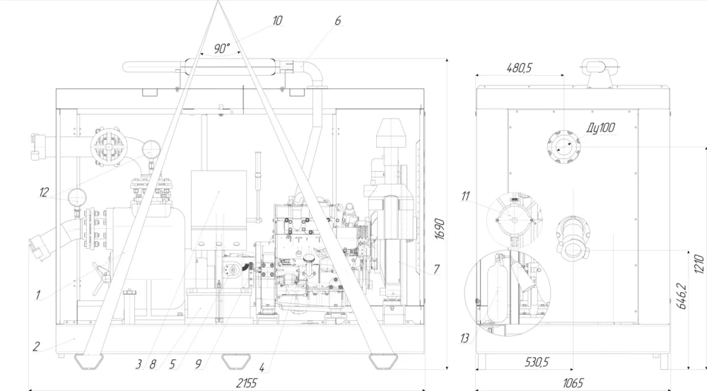 Габаритно-присоединительный чертеж агрегата ДНА 135/25.НС2.3LDT.25/2000.К.Р.1.6