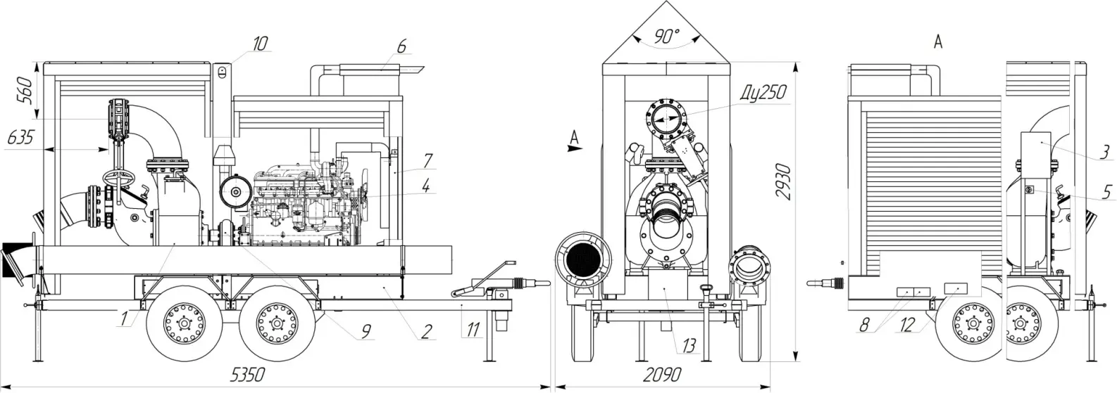 Габаритно-присоединительный чертеж агрегата ДНА 500/35.НС2.266.95/1500.К.М.1.8.П