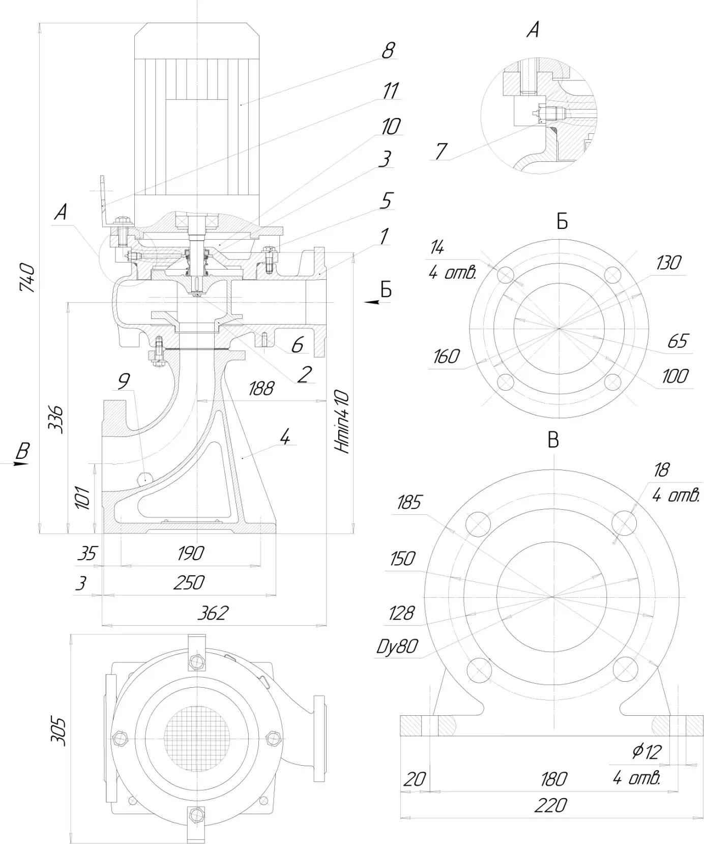 Габаритные размеры электронасоса НФс 65/160.155-3/2-300