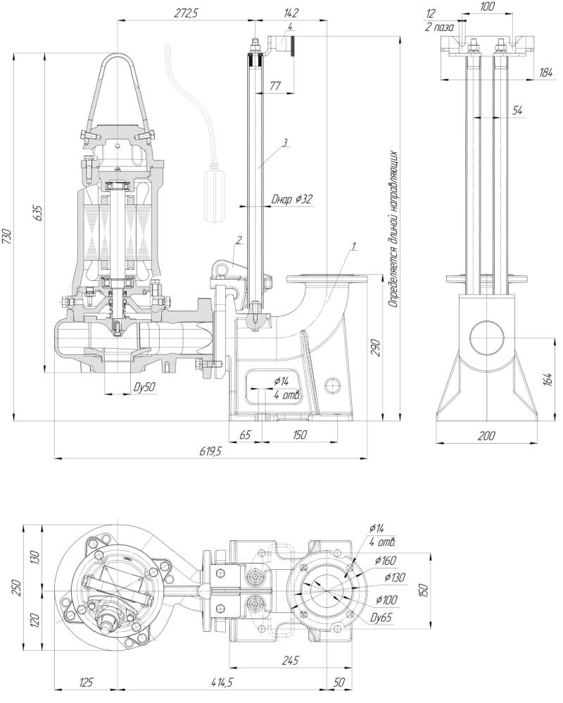 Картинка с габаритными размерами насоса ПФ1 65/160.132-3/2-116