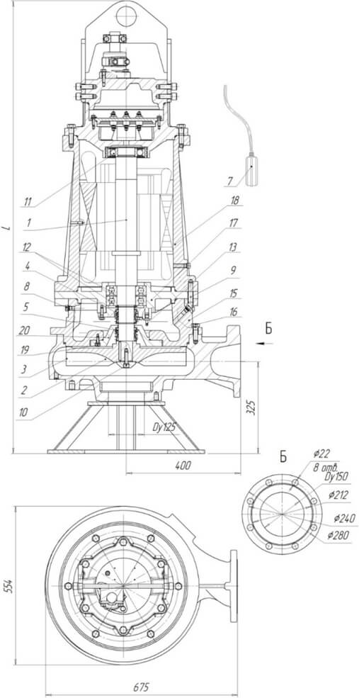 Картинка с габаритными размерами насоса Иртыш ПФС 125/400.384-45/4-006