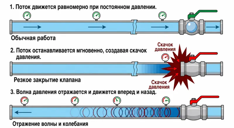 Схема возникновения гидравлического удара в трубопроводной системе