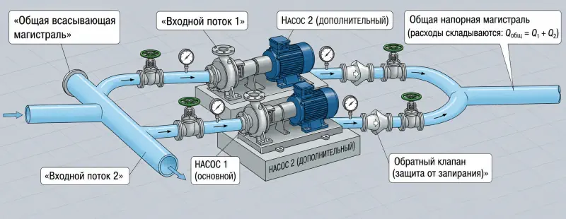 Схема параллельной установки и подключения промышленных насосов Иртыш