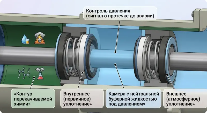Манометрический контроль давления в буферной зоне двойного торцевого уплотнения насоса
