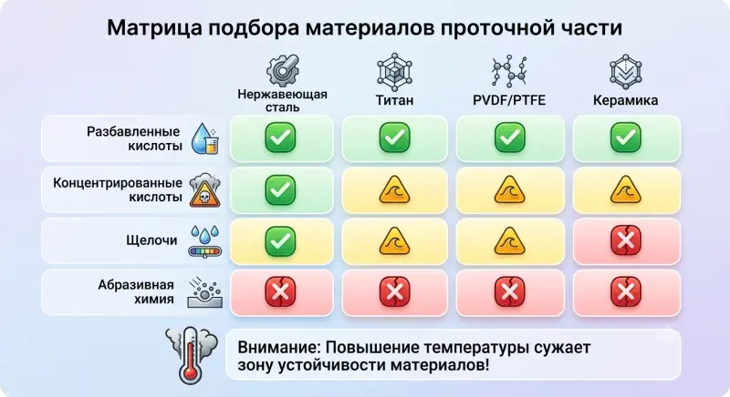 Матрица подбора материалов проточной части насоса в зависимости от концентрации и температуры химической среды