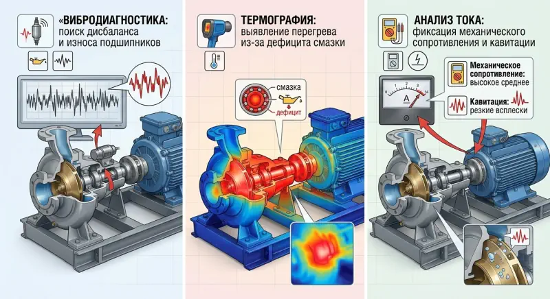 Процесс неразрушающей диагностики промышленного насоса на объекте