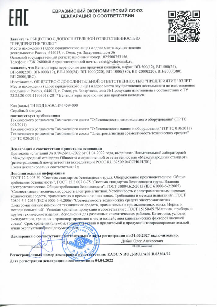 Сертификат соответствия вентиляторов для продувки колодцев Сертификат соответствия вентиляторов для продувки колодцев